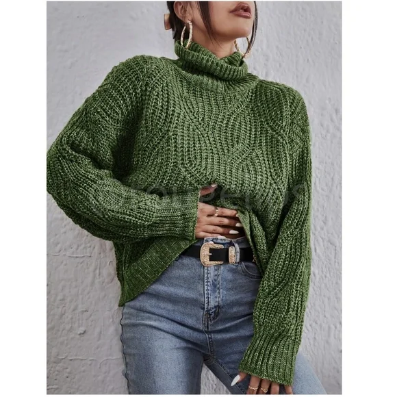 Cable Knit Turtleneck Pullover Sweater Forrest Green - Picture 4 of 10